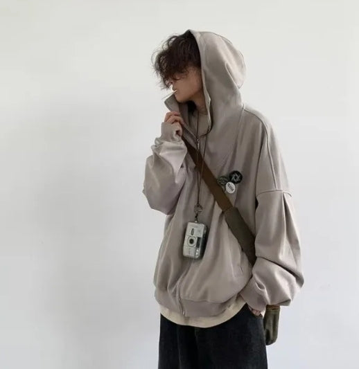 Hipsn  -  Autumn College Casual Set Men Japanese Harajuku Zipper Fleece Hoodie Jacket+Retro Wide Leg Pants 2-piece Street Fashion Suit