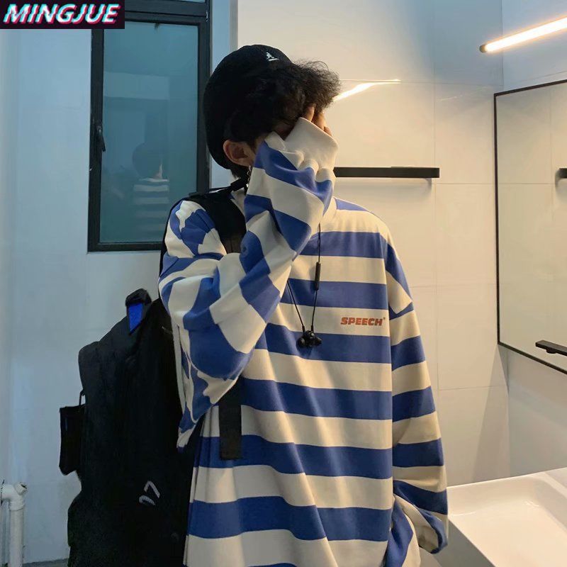 masc outfits INS Super Popular New Popular Striped Long-Sleeved T-shirt Men's Spring and Autumn Dark Style Mid-Length Contrast Color Student Loose Top