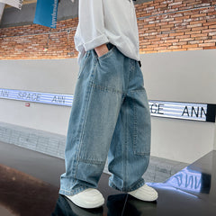 streetwear men outfits Trendy Boys' Wide-Leg Workwear Jeans Autumn New Medium and Large Children's Trousers Boys' Straight Pants