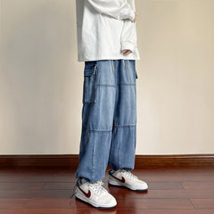 streetwear men outfits Wide Leg Denim Trousers Men's Spring and Autumn Hong Kong Style Retro Loose Casual Large Pocket Tooling Ankle-Length Pants