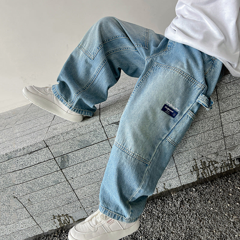 streetwear men outfits Trendy Boys' Wide-Leg Workwear Jeans Autumn New Medium and Large Children's Trousers Boys' Straight Pants