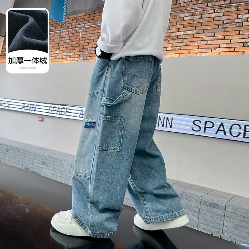 streetwear men outfits Trendy Boys' Wide-Leg Workwear Jeans Autumn New Medium and Large Children's Trousers Boys' Straight Pants