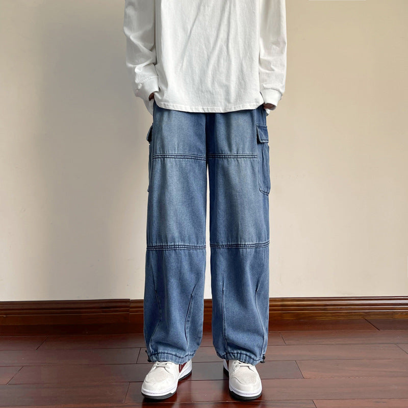 streetwear men outfits Wide Leg Denim Trousers Men's Spring and Autumn Hong Kong Style Retro Loose Casual Large Pocket Tooling Ankle-Length Pants