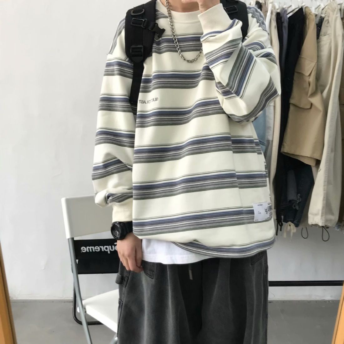 masc outfits INS Super Popular New Popular Striped Long-Sleeved T-shirt Men's Spring and Autumn Dark Style Mid-Length Contrast Color Student Loose Top