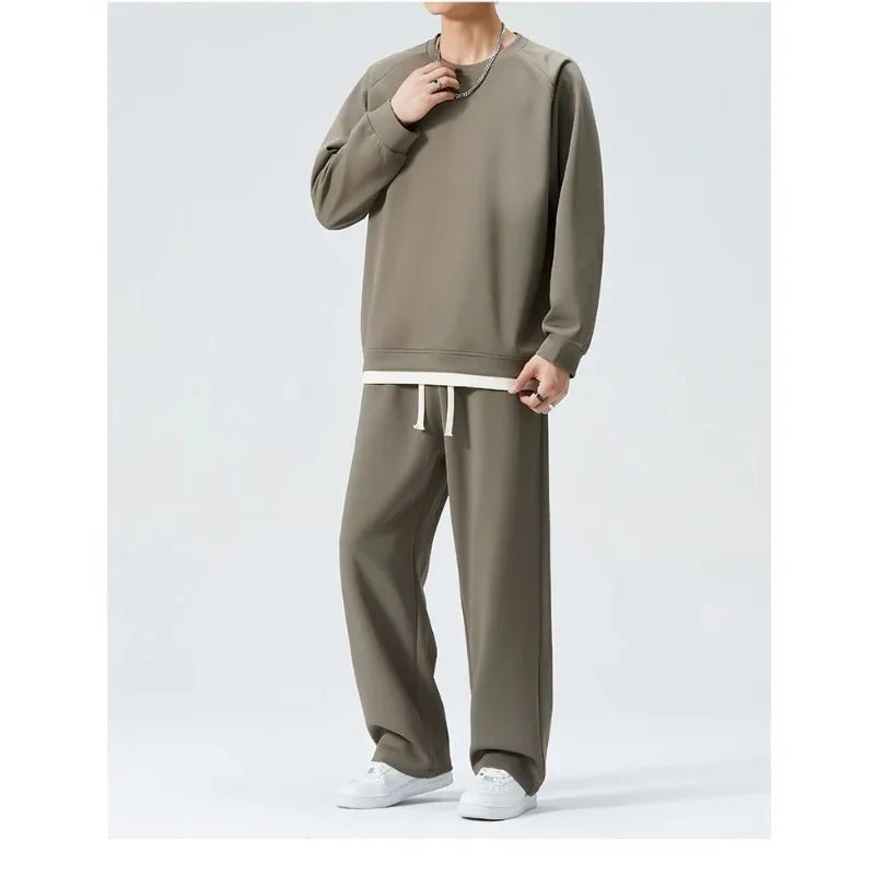 Hipsn  -  Simple Fashion Men Casual Set Harajuku Fake Two Piece Pullover Solid Loose Drawstring Sweatpants Spring Autumn Mens Tracksuit