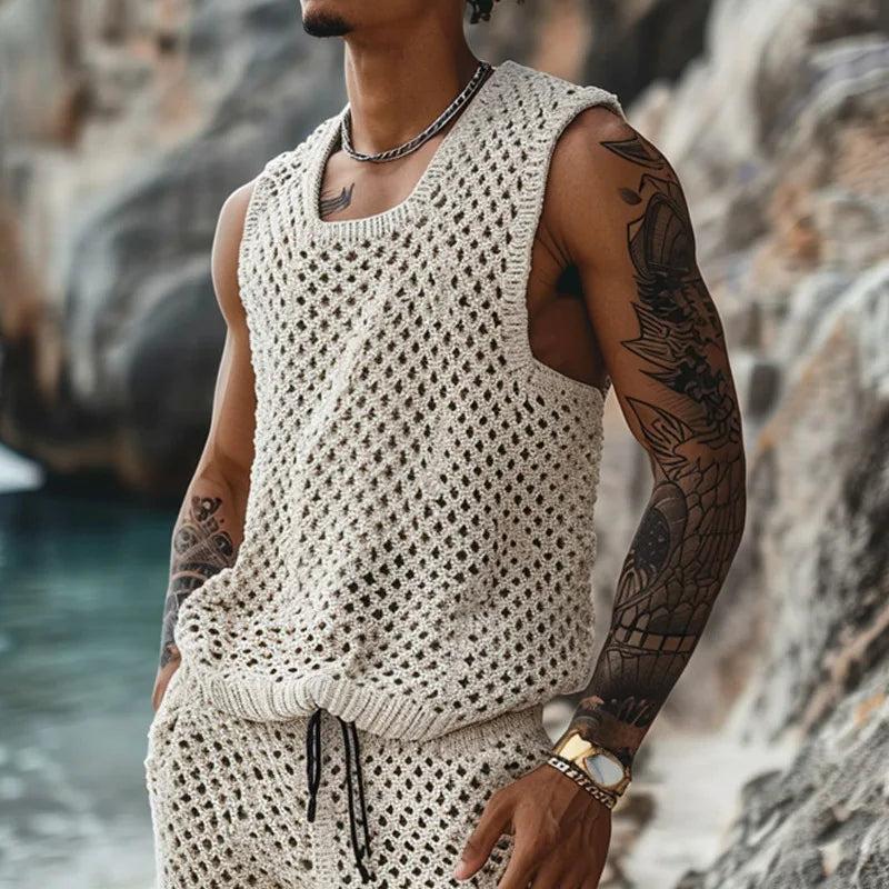 Hipsn  - Vintage Hollow Out Knitted Outfits Men Summer Sleeveless O Neck Knit Tank Top And Shorts Mens Two Piece Sets Fashion Men's Suits