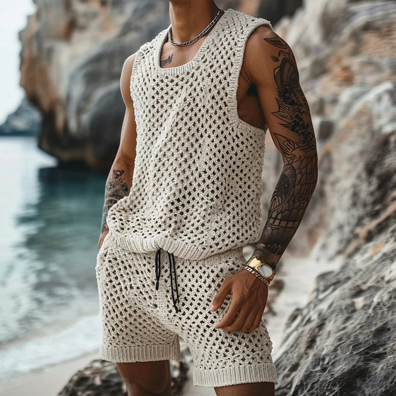 Hipsn  - Vintage Hollow Out Knitted Outfits Men Summer Sleeveless O Neck Knit Tank Top And Shorts Mens Two Piece Sets Fashion Men's Suits