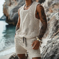 Hipsn  - Vintage Hollow Out Knitted Outfits Men Summer Sleeveless O Neck Knit Tank Top And Shorts Mens Two Piece Sets Fashion Men's Suits