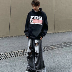 Hipsn  -  American High Street Men Set Trend Letter Printed Hooded Sweatshirt+Hip Hop Ripped Jeans 2-pcs College Couple Casual Suit Autumn