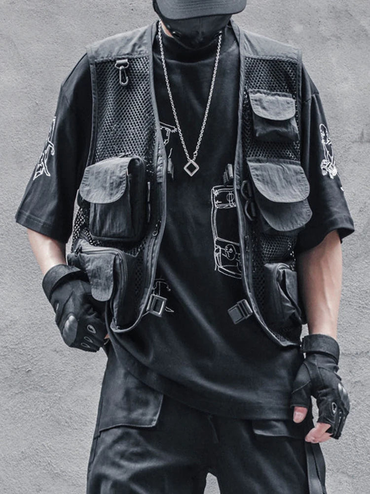 Hipsn  -  Techwear Black Cargo Biker Vest Without Sleeve Tank Tops Men Sleeveless Top Men  Clothing Japanese Streetwear Hip Hop