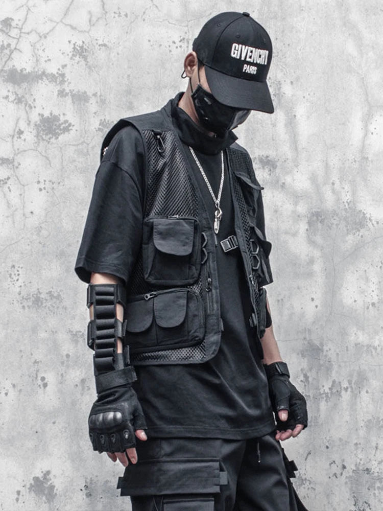 Hipsn  -  Techwear Black Cargo Biker Vest Without Sleeve Tank Tops Men Sleeveless Top Men  Clothing Japanese Streetwear Hip Hop