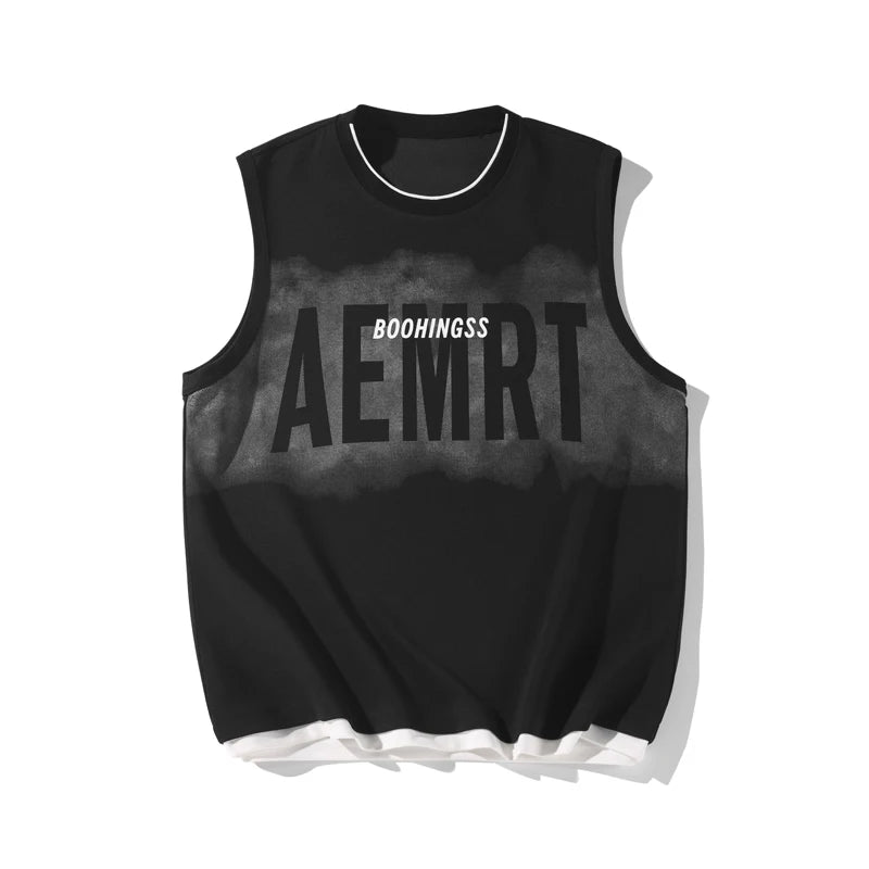 Hipsn  -  Hip Hop Street Men's Tank Tops Retro Gradient Letter Print Sleeveless Vest T-Shirt Summer Couple Tees Male Punk Tops