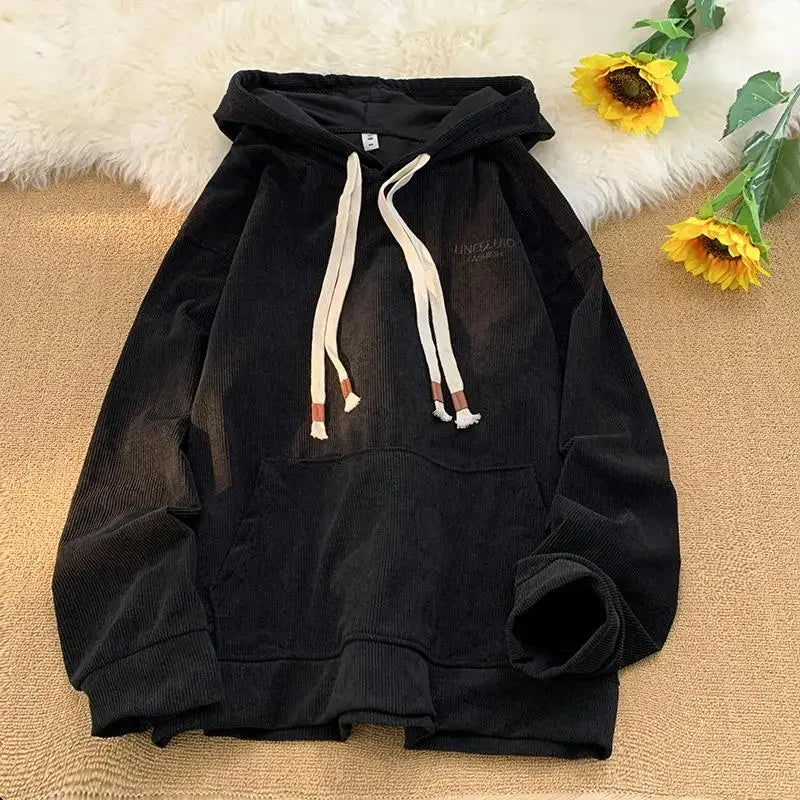 Hipsn  - Corduroy Sweatshirt For Men Embroider Letter Hoodies Sweatshirt Streetwear Hoodie Casual Sportwear Male Clothes