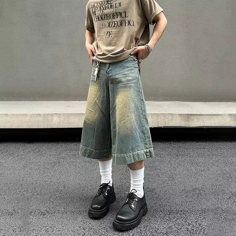 Hipsn  -  Summer Trend Denim Cropped Trousers Mens American Hip Hop Washed Wide Leg Shorts Unisex  High Street Straight Cowboy Mid Pants