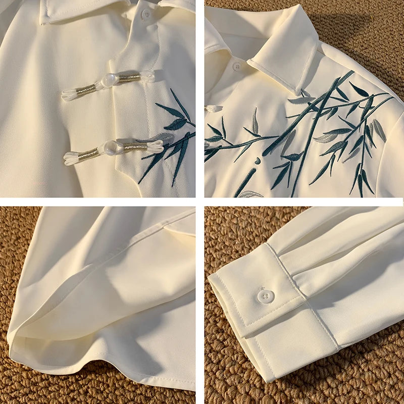 Hipsn  - New Men's White Shirt Bamboo Leaf Embroidery Shirt Plate Button Design Shirts Traditional Tang Clothing Men Women Blouse