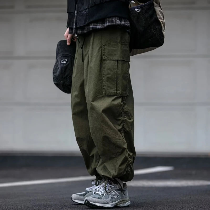 Hipsn  -  Quick Drying Cargo Pants Men Japanese Large Pocket Casual Wide Leg  Trousers Male Vintage Couple Overalls Loose Streetwear