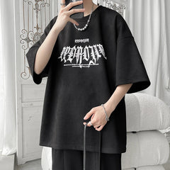 Hipsn  -  Gothic Suede T-shirt Letter Print Short Sleeve T Shirt Hip-hop Streetwear Large Size Couples Tee Top Male Casual Loose Clothing