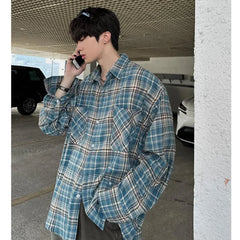 Hipsn  -  American Plaid Long Sleeved Shirt Mens Spring Multi Pocket Harajuku Stripe Loose Jackets Thin Cotton Fashion Couple Tops Trend