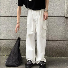 Hipsn  -  Big Pocket White Mens Cargo Pants New Loose Straight Tube High Street Trousers Solid Simplicity Trend Wide Legs Overalls