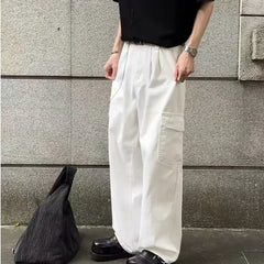 Hipsn  -  Big Pocket White Mens Cargo Pants New Loose Straight Tube High Street Trousers Solid Simplicity Trend Wide Legs Overalls