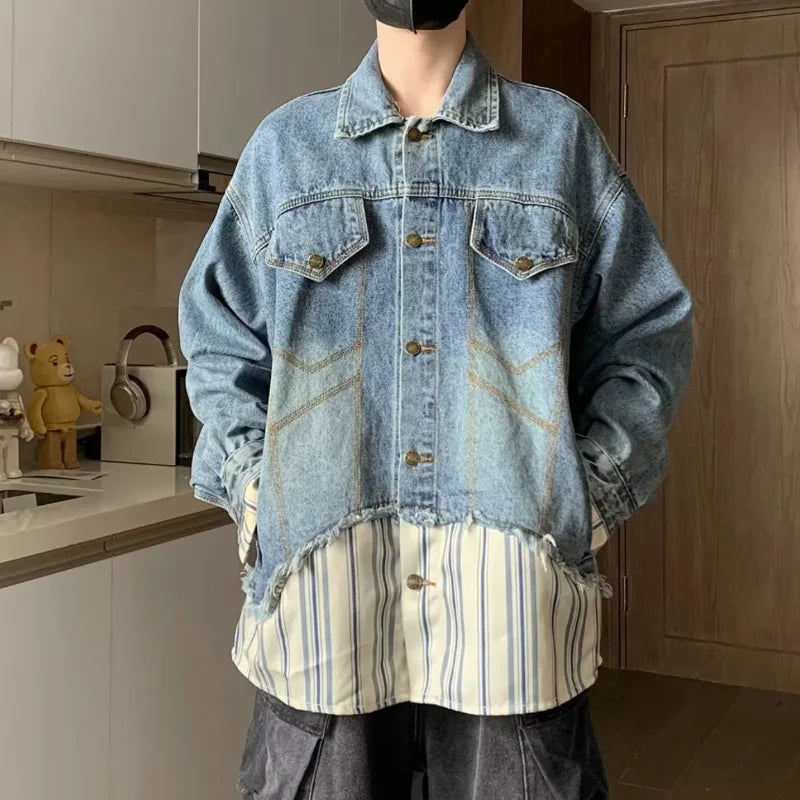 Hipsn  -  Trendy Patchwork Fake Two Piece Denim Jacket Mens Spring Casual Striped Washed Retro Cowboy Tops  Harajuku Couple Coats