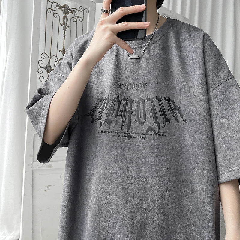 Hipsn  -  Gothic Suede T-shirt Letter Print Short Sleeve T Shirt Hip-hop Streetwear Large Size Couples Tee Top Male Casual Loose Clothing