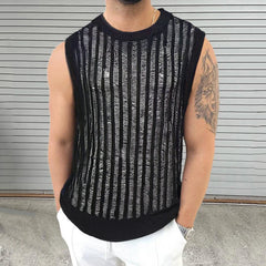 Hipsn  - Summer Fashion Slim Fit Knitted Tank Tops Men Sexy See Through Hollow Out Camisoles For Mens Casual O Neck Sleeveless Knit Vest