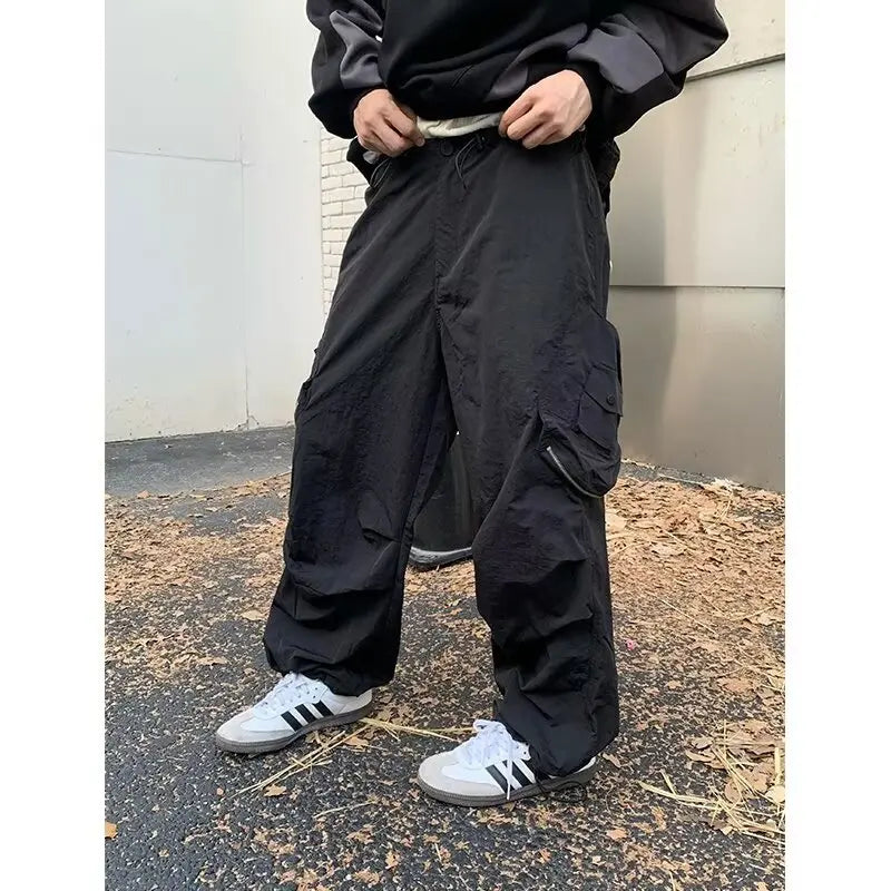 Hipsn  -  frat guys Street Trend Mens Cargo Pants Multi Pocket Fold Straight Leg Casual Overalls Tooling Solid Hip Hop Unisex Drawstring Trousers