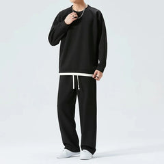 Hipsn  -  Simple Fashion Men Casual Set Harajuku Fake Two Piece Pullover Solid Loose Drawstring Sweatpants Spring Autumn Mens Tracksuit