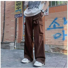 Hipsn  -  frat guys Retro Heavyweight Corduroy Mens Pants Multi Pocket Couple Straight Trousers Drawstring Drooping Sensation Wide Legs Overalls