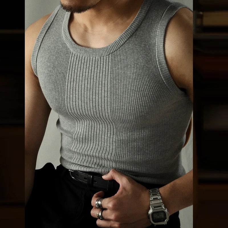 Hipsn  - Casual Solid Knitted Tank Top Men Summer Fashion Ribbed Vest Mens Slim Fit Crew Neck Sleeveless Tops Man Clothes Streetwear