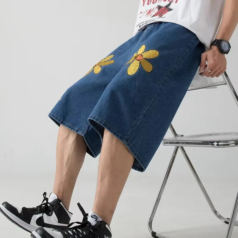 Hipsn  -  New Summer Mens Denim Shorts Daisy Embroidered High Street Fashion Loose Capris Street Trend Couple Cowboy Middle Pants