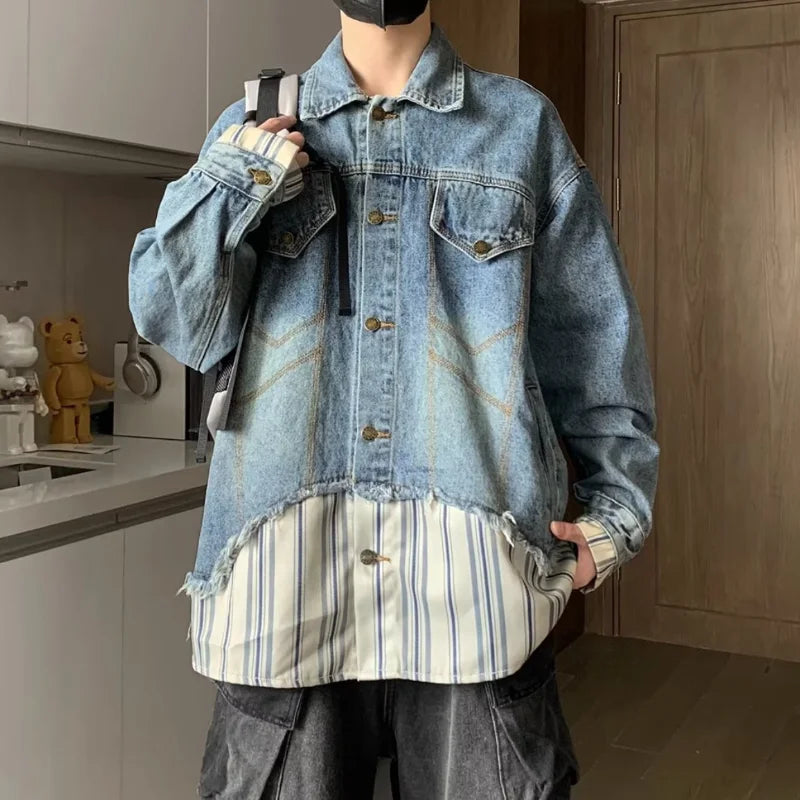 Hipsn  -  Trendy Patchwork Fake Two Piece Denim Jacket Mens Spring Casual Striped Washed Retro Cowboy Tops  Harajuku Couple Coats