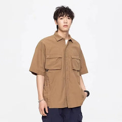 Hipsn  -  Mens Japanese Tooling Shirt Summer Thin New College Retro Half Sleeved Cargo Jacket Solid Trendy Casual Lapel Multi Pocket Tops