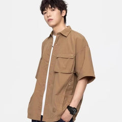 Hipsn  -  Mens Japanese Tooling Shirt Summer Thin New College Retro Half Sleeved Cargo Jacket Solid Trendy Casual Lapel Multi Pocket Tops