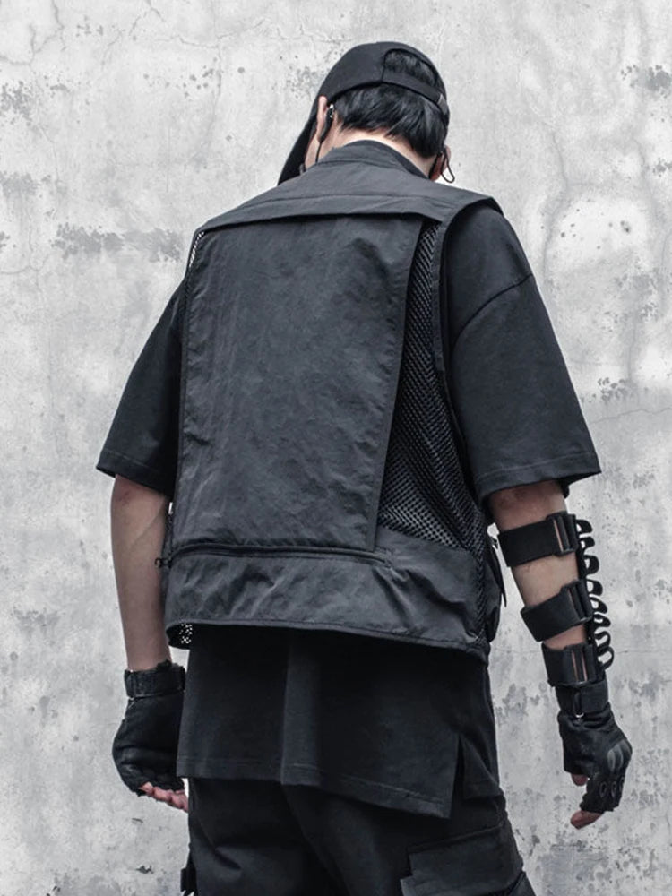 Hipsn  -  Techwear Black Cargo Biker Vest Without Sleeve Tank Tops Men Sleeveless Top Men  Clothing Japanese Streetwear Hip Hop