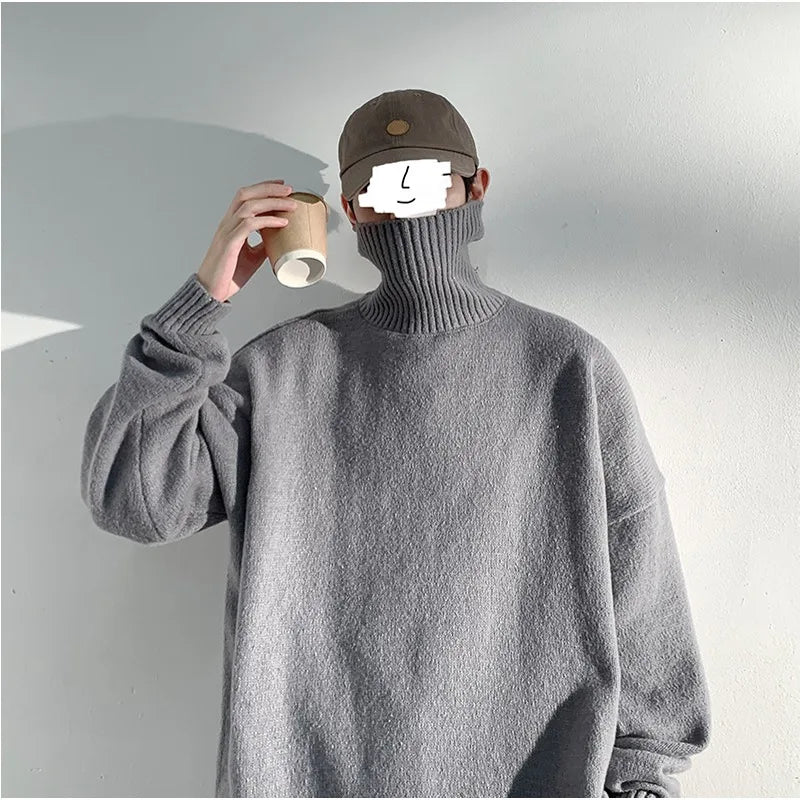 Hipsn  -  Men Turtleneck Knitted Warm Sweater Men's Loose Casual Pullovers Winter Bottoming Shirt Basic Solid Korean Fashion Knitwear Top