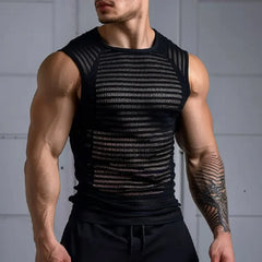 Hipsn  -  Mens Sexy Stripe See Through Mesh Camisoles Tanks Spring Hollow Out Breathable Sports Slim Top New Summer Sleeveless Men T Shirt