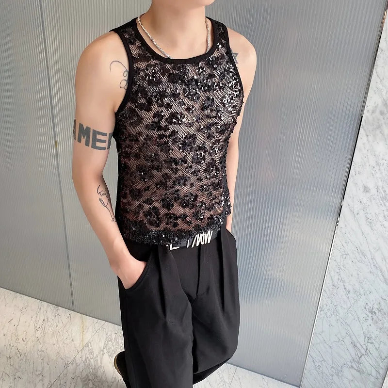 Hipsn  -  Chic Men's Sexy Tops Mesh Sequins Glitter Stretch Skinny Tank top Summer Fashion Nightclub Stage Tight-fitting Vests for men