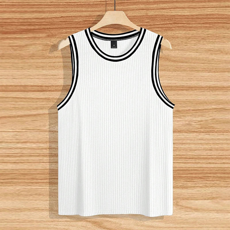 Hipsn  - Summer Leisure Breathable Ribbed Tank Tops Men Fashion Patchwork Striped Sleeveless Crew Neck Vest Mens New Casual Slim Camisole