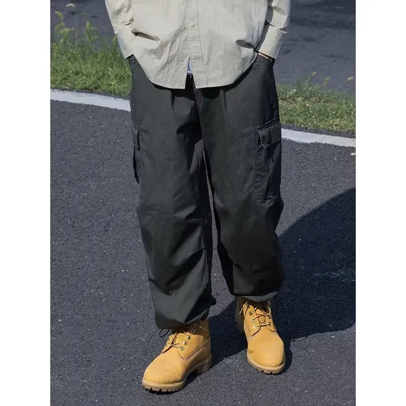 Hipsn  -  Japanese Harajuku Cargo Pants Mens Drawstring Big Pocket Casual Fashion Street Trousers Sports Elastic Straight Leg Overalls