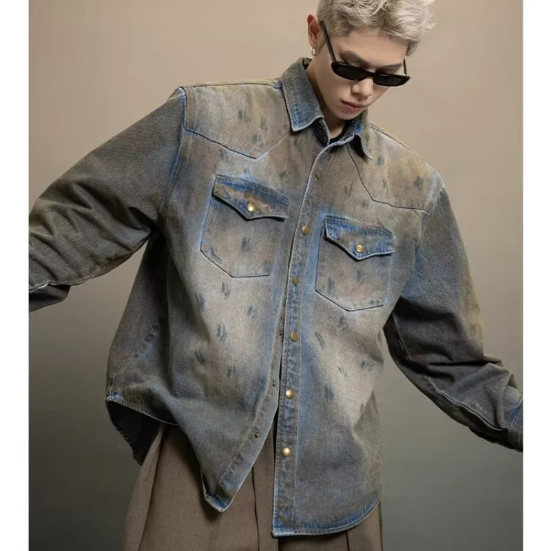 Hipsn  -  Mens Street Denim Shirt Spring Hip Hop Tie Dye Design Vintage Fashion Washed Cowboy Jacket Y2K High Street Lapel Coats Thin