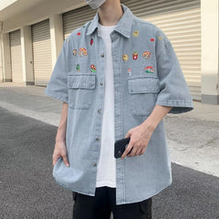 Hipsn  - Summer Half Sleeved Denim Shirt Mens New Harajuku Embroidered Fashionable Cowboy Tops Japanese Retro Casual Loose Washing Shirt