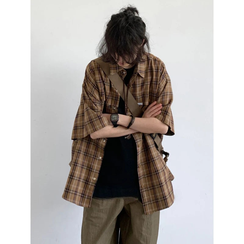 Hipsn  - Summer Retro Plaid Shirt Set Men Japanese Contrasting Color Fashion Casual Couple Suit Street Trend Mens Two-piece Set New