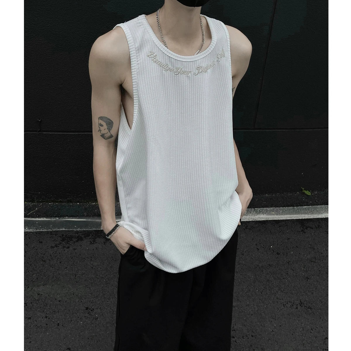 Hipsn  -  Summer Men's Letter Embroidery Tank Top Black White Oversized Sleeveless T-shirts for men