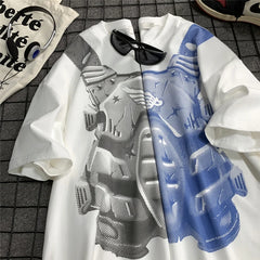 Hipsn  -  Retro Old School T-shirt Pixel Mecha Graphic Printed T-Shirt High Street Men's Short Sleeve Tops Loose Couple Casual Tees