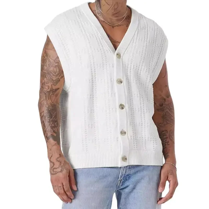 Hipsn  - Fashion Hollow Out Mens Knitting Tank Tops Summer Trendy Loose Sleeveless Button V Neck Vest Men Cardigans Streetwear Camisoles