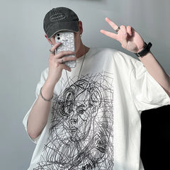 Hipsn  - Couple Large Size Loose Abstract Thread Character Short Sleeve T-Shirt Men's High Street Hip Hop Cotton White T-Shirt Top M-5XL