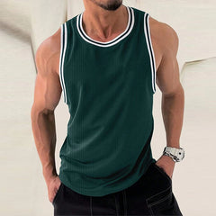 Hipsn  - Summer Leisure Breathable Ribbed Tank Tops Men Fashion Patchwork Striped Sleeveless Crew Neck Vest Mens New Casual Slim Camisole