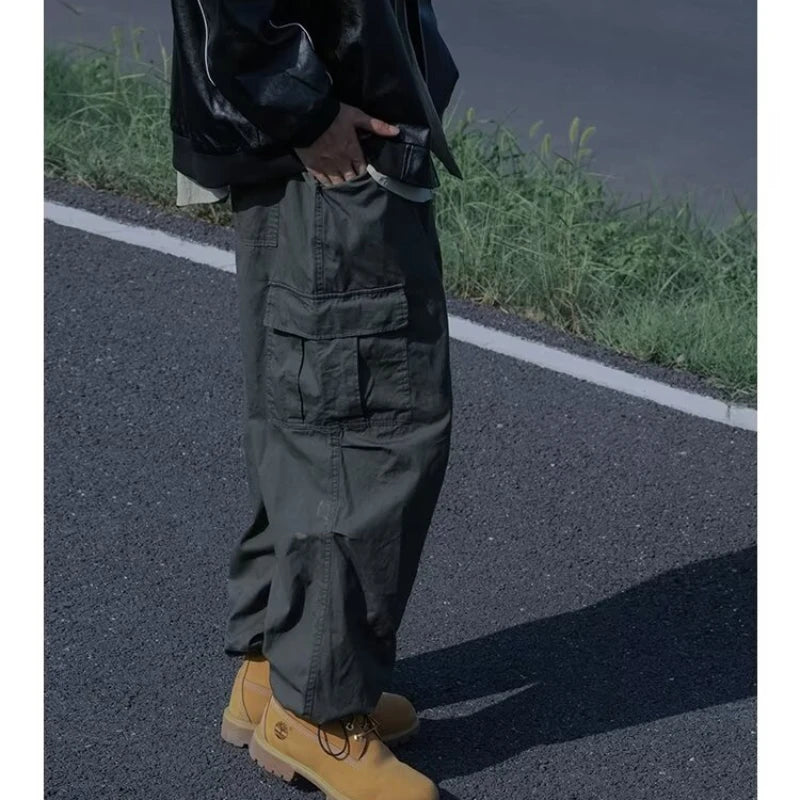 Hipsn  -  Japanese Harajuku Cargo Pants Mens Drawstring Big Pocket Casual Fashion Street Trousers Sports Elastic Straight Leg Overalls